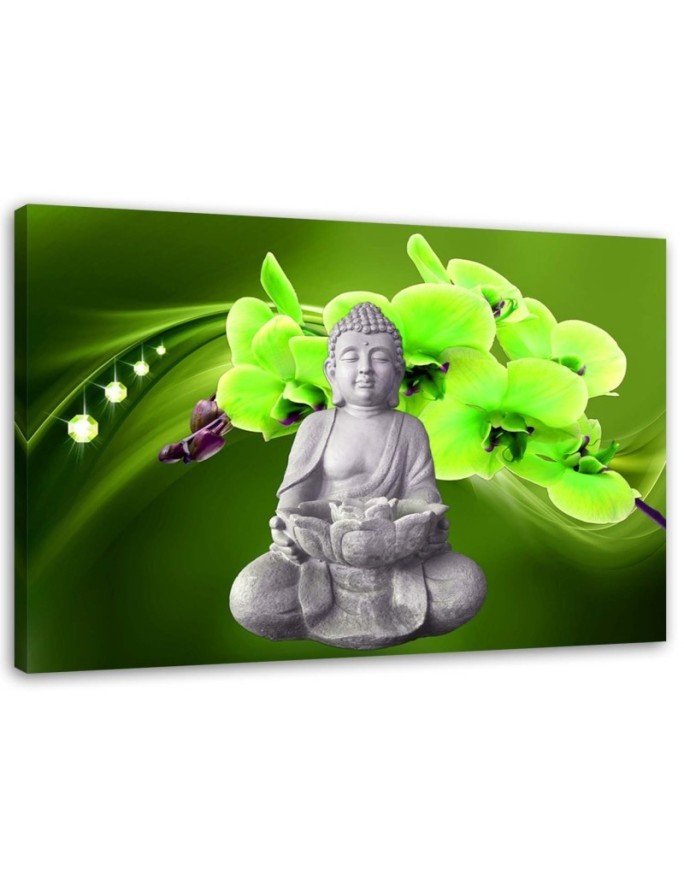 Wandbild für Wohnzimmer - Buddha mit grüner Orchidee | Feeby