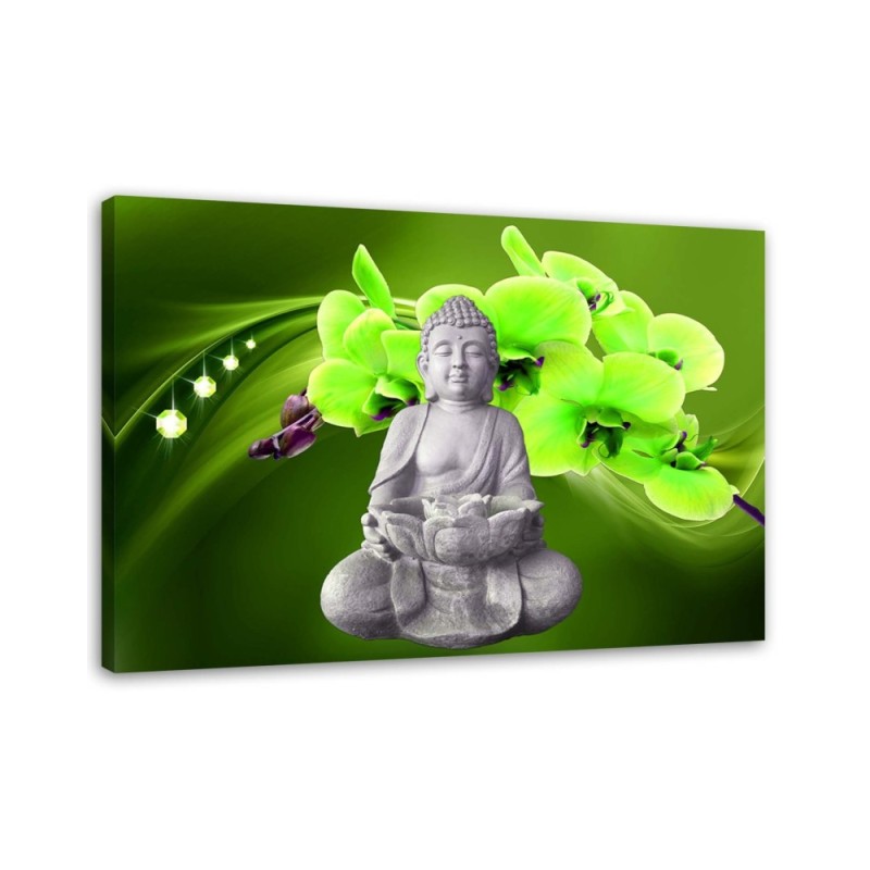 Wandbild für Wohnzimmer - Buddha mit grüner Orchidee | Feeby