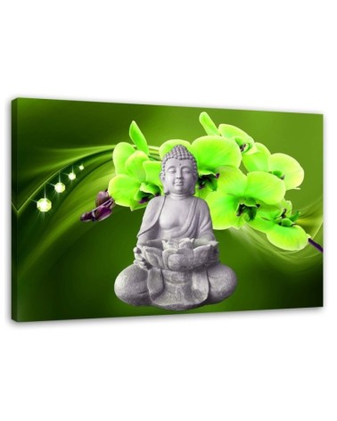 Wandbild für Wohnzimmer - Buddha mit grüner Orchidee | Feeby