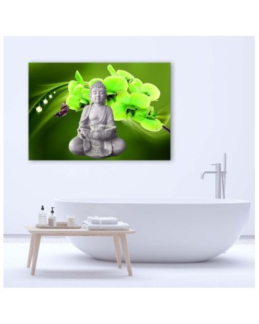 Wandbild für Wohnzimmer - Buddha mit grüner Orchidee | Feeby