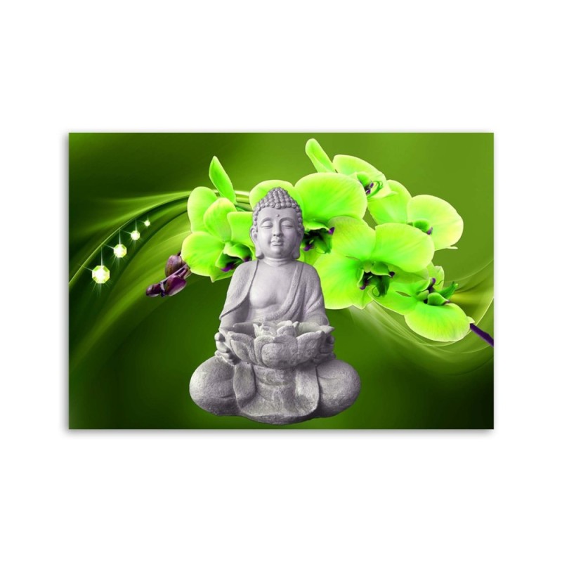 Wandbild für Wohnzimmer - Buddha mit grüner Orchidee | Feeby