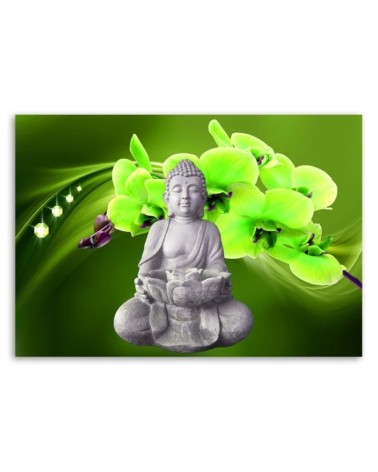 Wandbild für Wohnzimmer - Buddha mit grüner Orchidee | Feeby