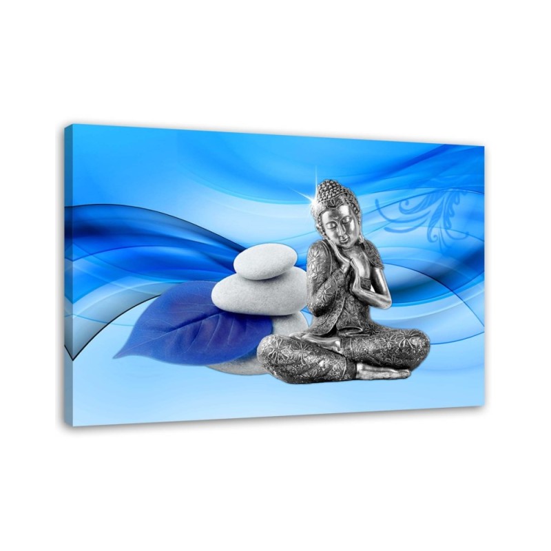 Leinwandbild - Figur des Buddha auf blauem Hintergrund | Feeby