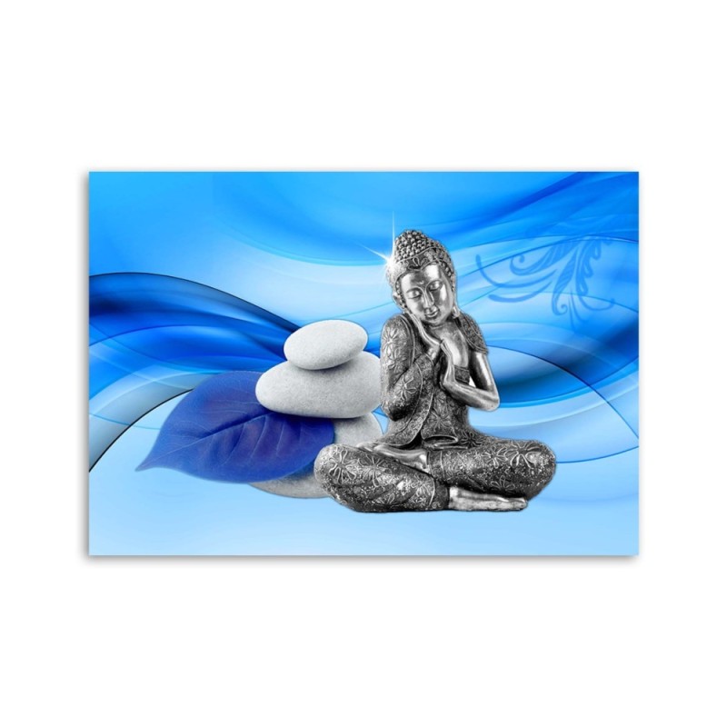 Leinwandbild - Figur des Buddha auf blauem Hintergrund | Feeby