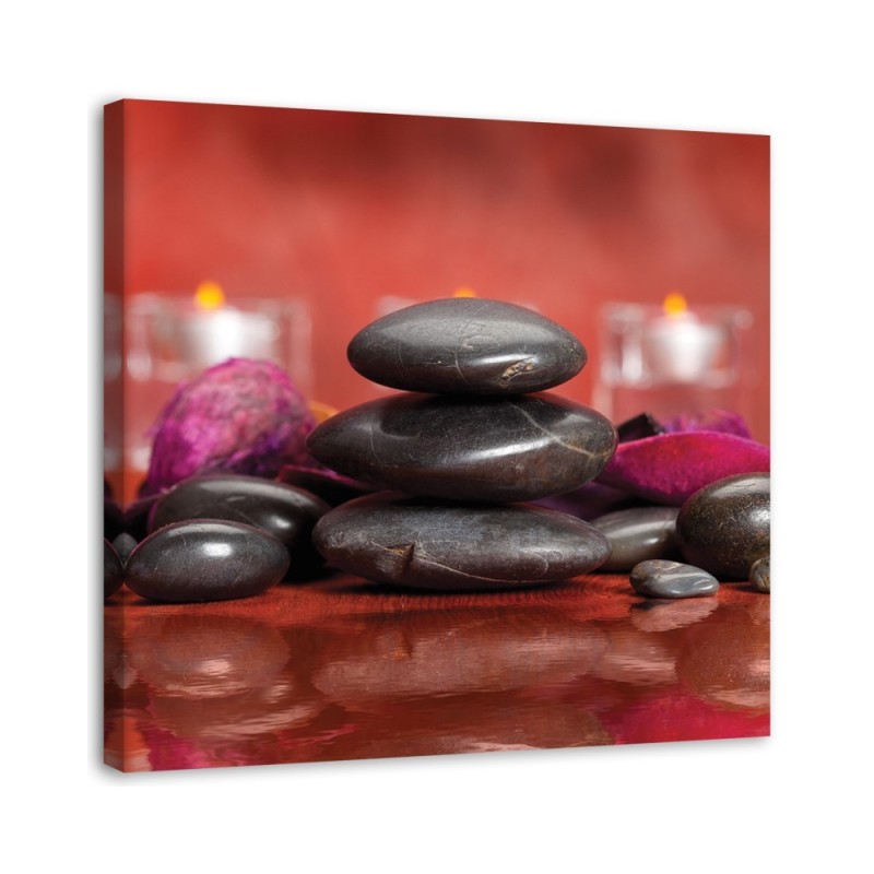 Leinwandbild - Schwarze Zen-Steine auf rotem Hintergrund | Feeby