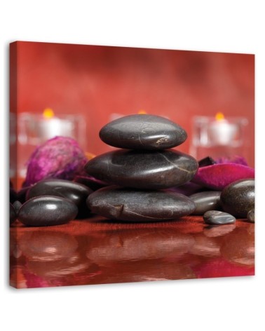 Leinwandbild - Schwarze Zen-Steine auf rotem Hintergrund | Feeby