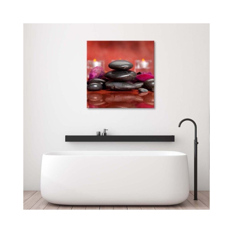 Leinwandbild - Schwarze Zen-Steine auf rotem Hintergrund | Feeby