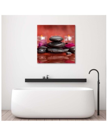 Leinwandbild - Schwarze Zen-Steine auf rotem Hintergrund | Feeby