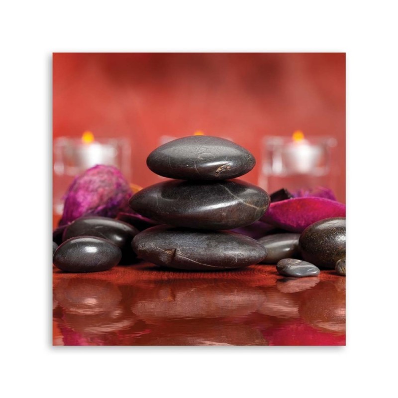 Leinwandbild - Schwarze Zen-Steine auf rotem Hintergrund | Feeby