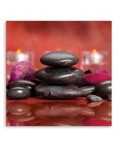 Leinwandbild - Schwarze Zen-Steine auf rotem Hintergrund | Feeby