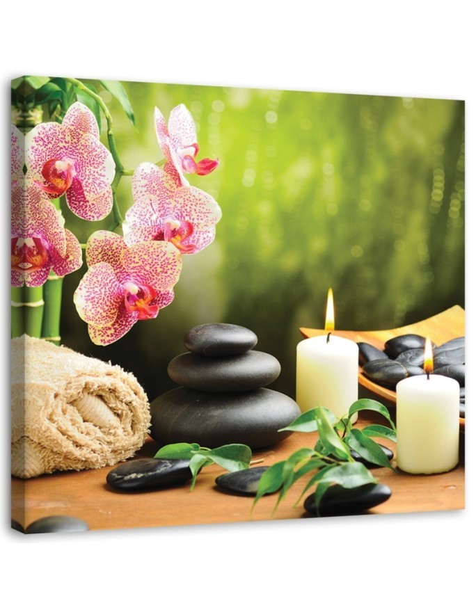 Bild auf Leinwand - Kerze Orchidee und Zen-Steine | Feeby