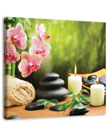 Bild auf Leinwand - Kerze Orchidee und Zen-Steine | Feeby