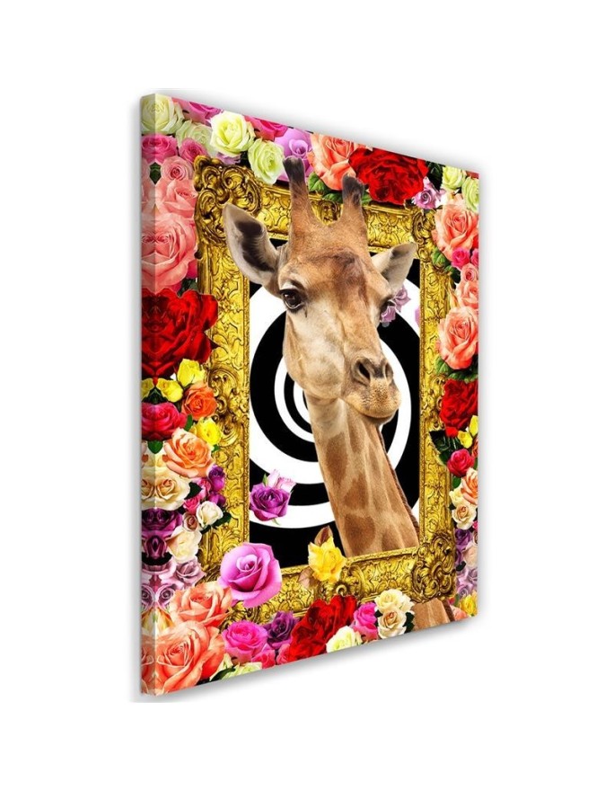 Leinwandbild modern - Giraffe und bunte Rosen | Feeby