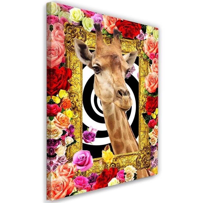 Leinwandbild modern - Giraffe und bunte Rosen | Feeby
