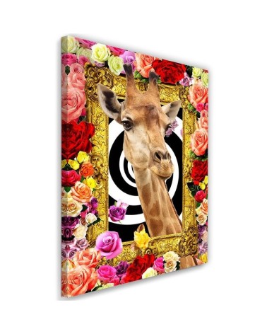 Leinwandbild modern - Giraffe und bunte Rosen | Feeby