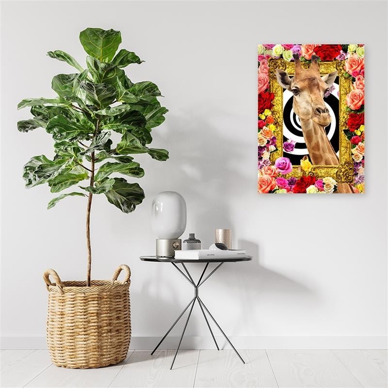 Leinwandbild modern - Giraffe und bunte Rosen | Feeby