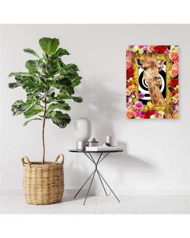 Leinwandbild modern - Giraffe und bunte Rosen | Feeby