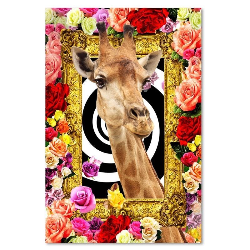 Leinwandbild modern - Giraffe und bunte Rosen | Feeby