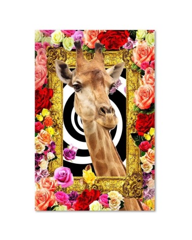 Leinwandbild modern - Giraffe und bunte Rosen | Feeby