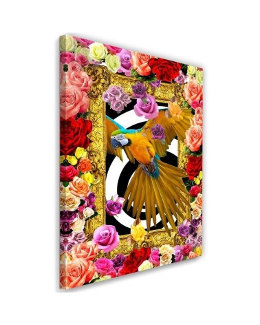 Leinwandbild - Papagei und bunte Rosen | Feeby