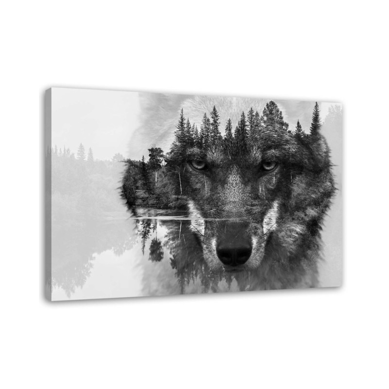 Bild - Schwarzer Wolf auf Wald und See Hintergrund abstrakt | Feeby