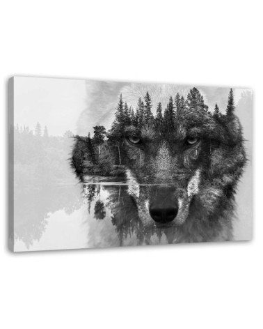 Bild - Schwarzer Wolf auf Wald und See Hintergrund abstrakt | Feeby