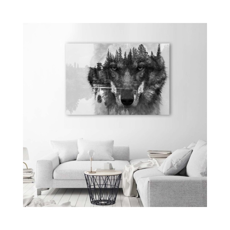 Bild - Schwarzer Wolf auf Wald und See Hintergrund abstrakt | Feeby