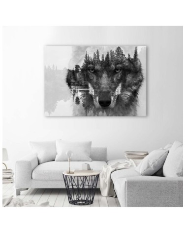 Bild - Schwarzer Wolf auf Wald und See Hintergrund abstrakt | Feeby