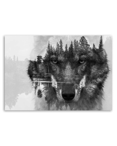 Bild - Schwarzer Wolf auf Wald und See Hintergrund abstrakt | Feeby