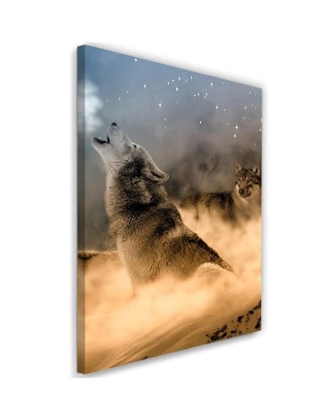 Bild auf Leinwand - Zwei Wölfe heulen nachts den Mond an | Feeby