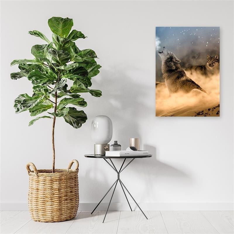 Bild auf Leinwand - Zwei Wölfe heulen nachts den Mond an | Feeby