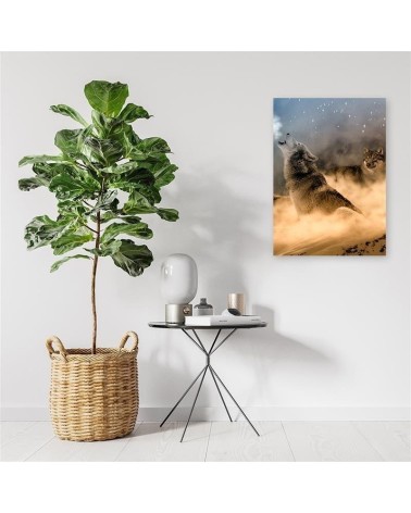 Bild auf Leinwand - Zwei Wölfe heulen nachts den Mond an | Feeby