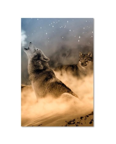 Bild auf Leinwand - Zwei Wölfe heulen nachts den Mond an | Feeby