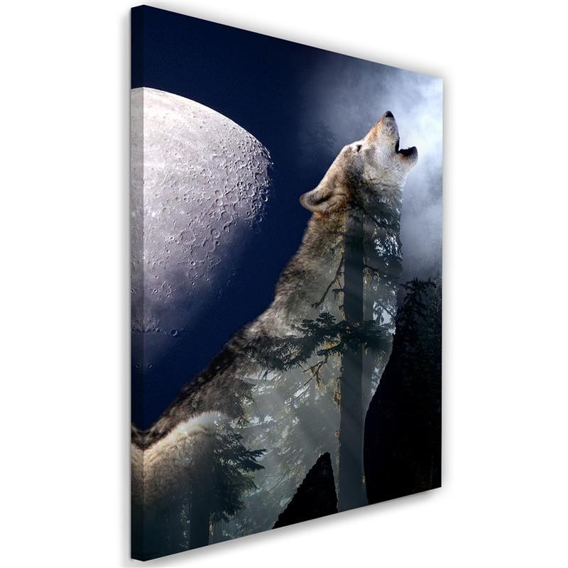 Leinwandbild modern - Wolf heult nachts den Mond an | Feeby