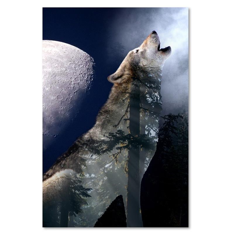 Leinwandbild modern - Wolf heult nachts den Mond an | Feeby