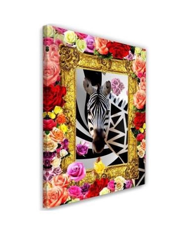 Zebra and colourful roses - Modern canvas painting | FEEBY