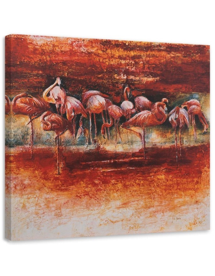 Modernes Wandbild - Ein Schwarm rosa Flamingos | Feeby