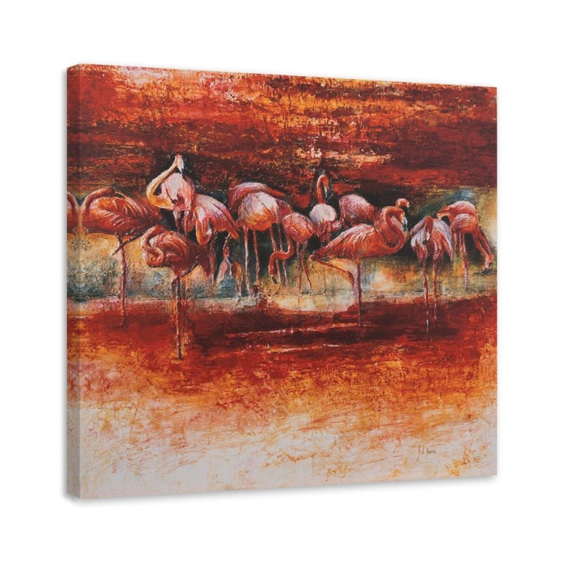 Modernes Wandbild - Ein Schwarm rosa Flamingos | Feeby