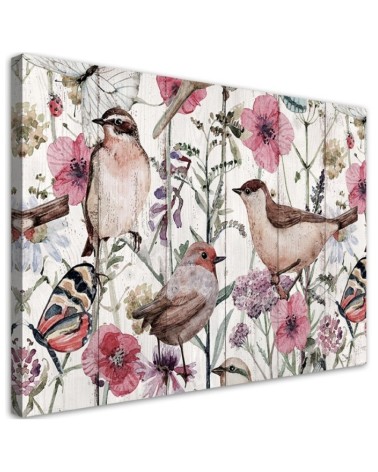 Leinwandbild - Vögel und Schmetterlinge auf der Wiese | Feeby