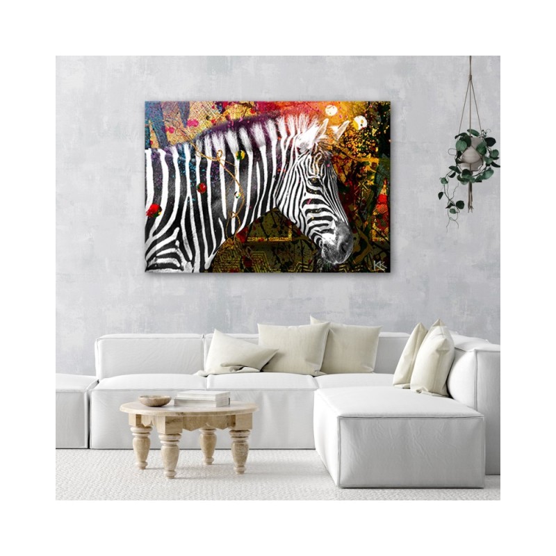 Modernes Wandbild - Zebra auf farbenfrohen Hintergrund | Feeby