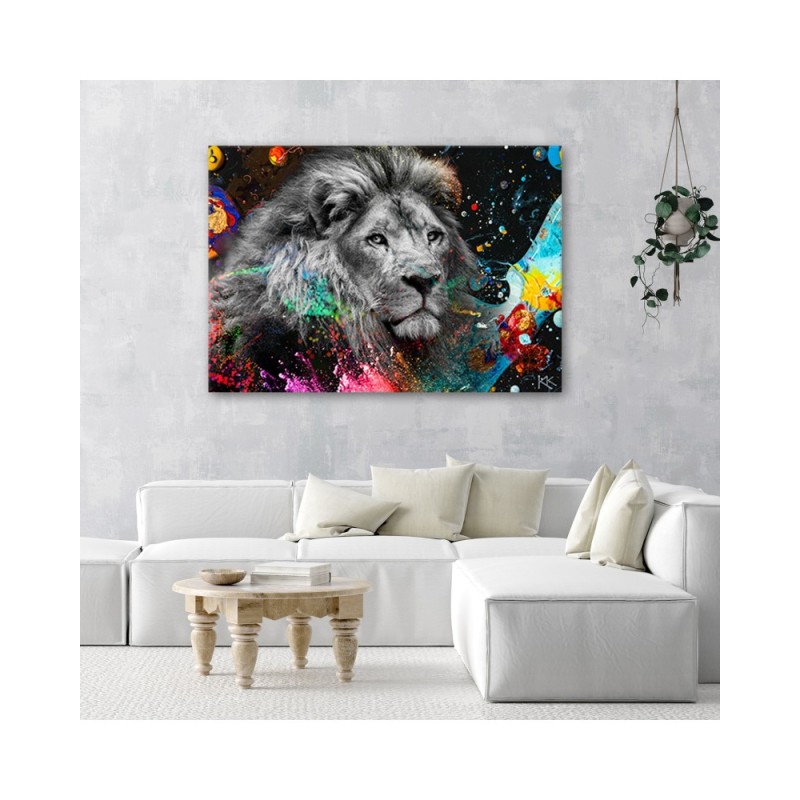 Modernes Wandbild - Löwe auf farbenfrohen Hintergrund | Feeby