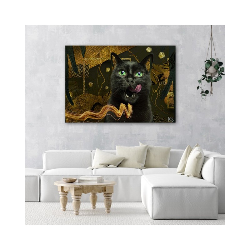 Modernes Wandbild - Schwarzkatze Gold Abstraktion | Feeby