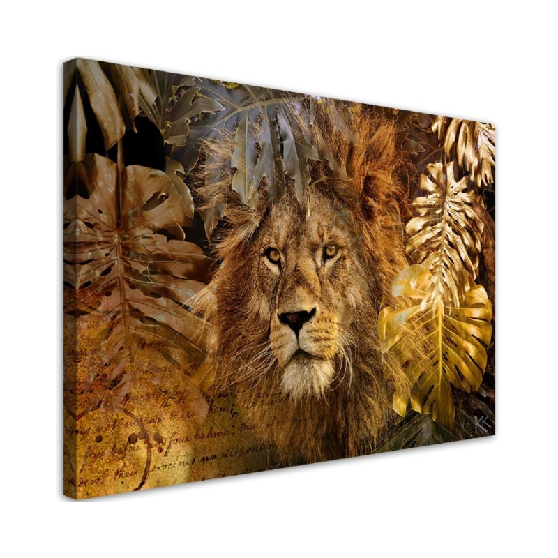 Leinwandbild modern - Löwe und Monstera Goldene Blätter | Feeby