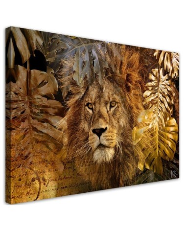 Leinwandbild modern - Löwe und Monstera Goldene Blätter | Feeby