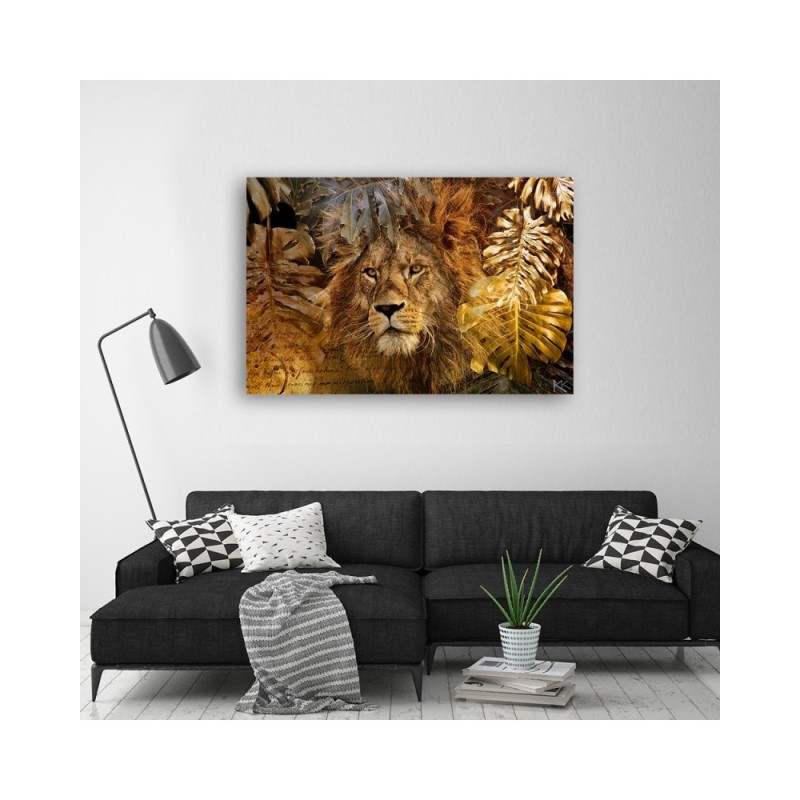 Leinwandbild modern - Löwe und Monstera Goldene Blätter | Feeby
