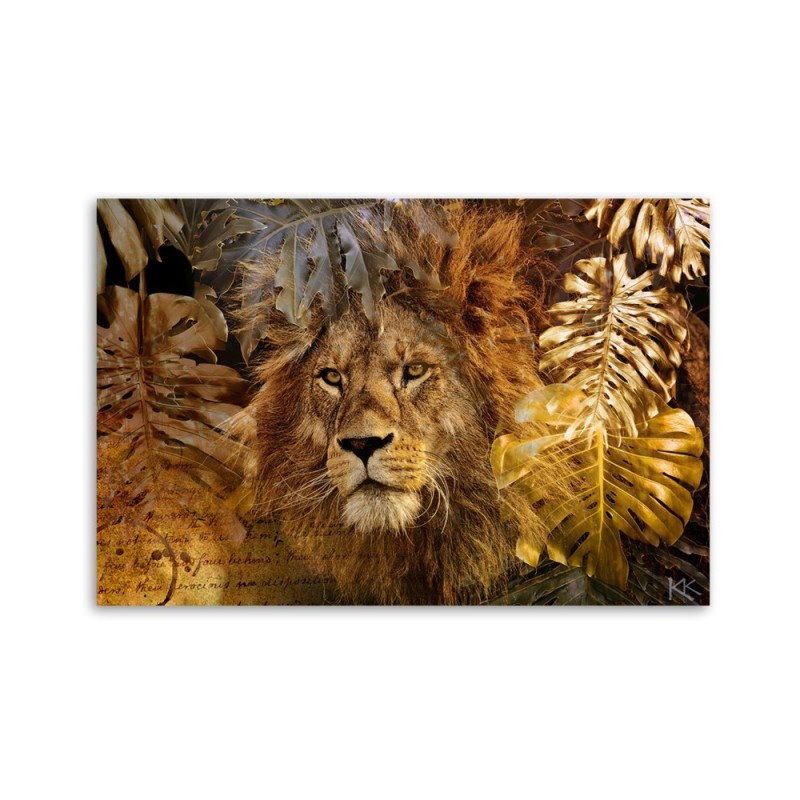 Leinwandbild modern - Löwe und Monstera Goldene Blätter | Feeby