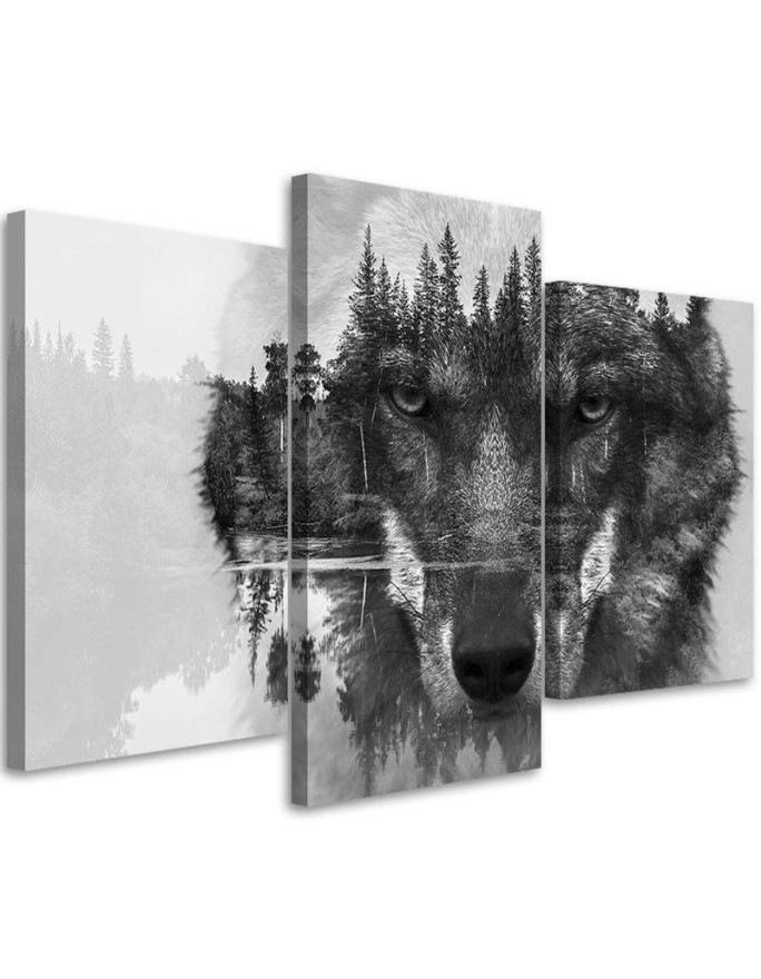 Modernes Wandbild - Wolf Wald Schwarz und Weiß | Feeby