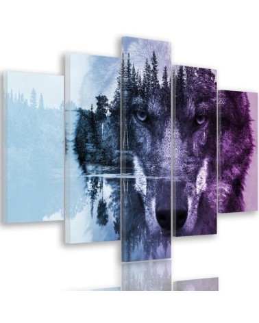 Canvas print for living room 5-part canvas Wolf on the background of the forest purple | FEEBY