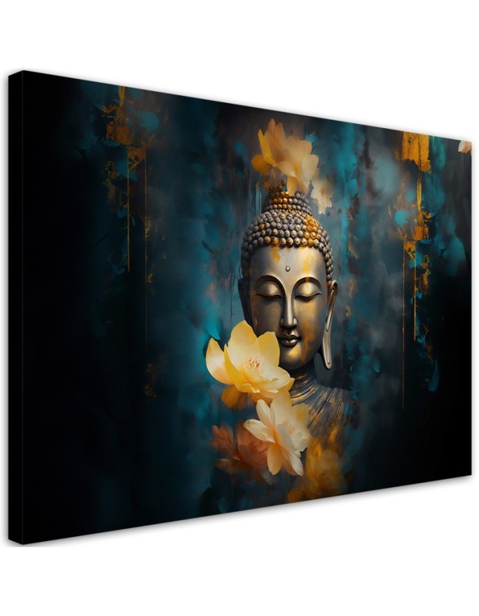 Wandbild für Wohnzimmer - Buddha und goldene Blumen | Feeby