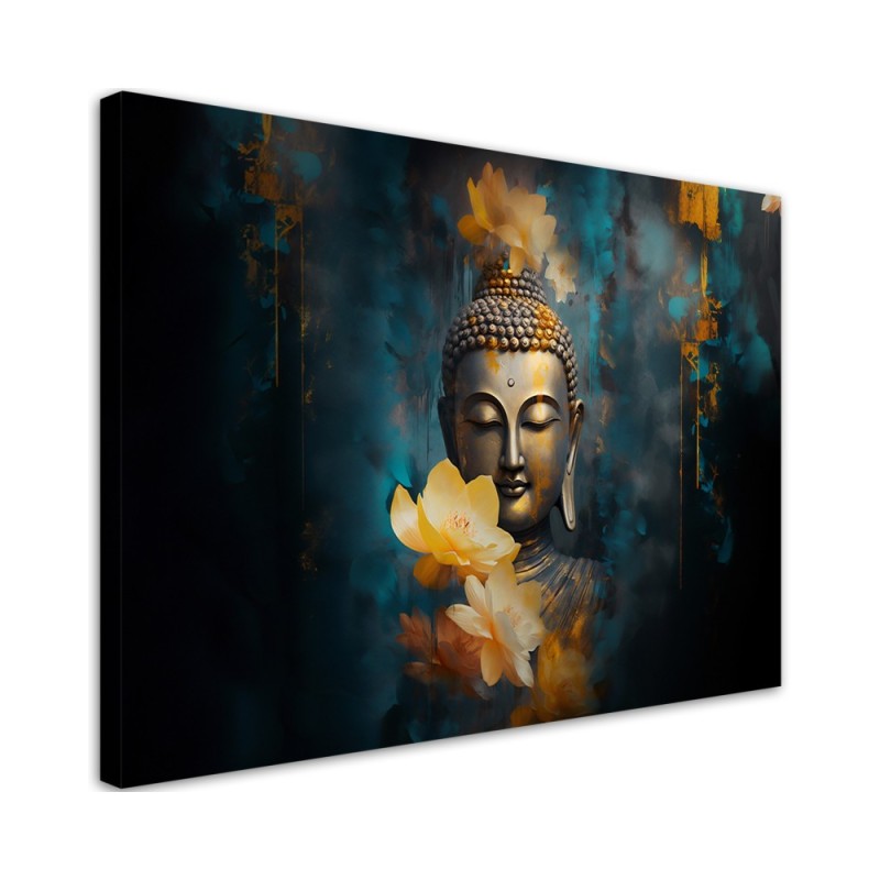 Wandbild für Wohnzimmer - Buddha und goldene Blumen | Feeby